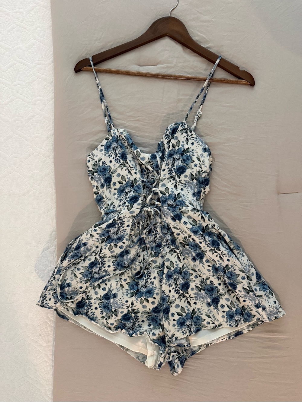 Altar'd State Blue & White Floral Spaghetti-Strap Romper